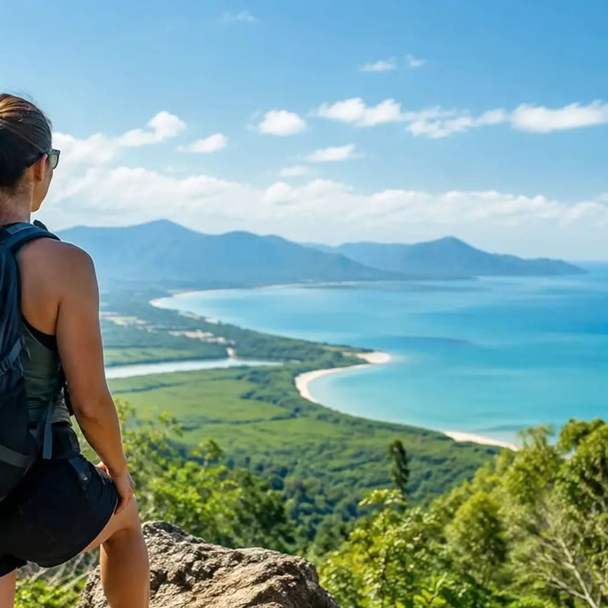 hiker overlooking tropical coastline