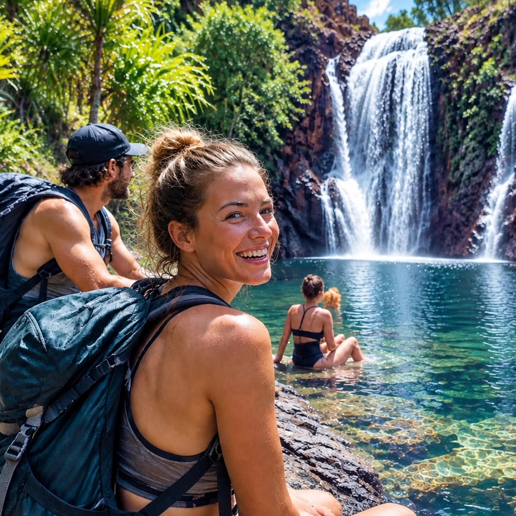 hikers swimming at tropical waterfall